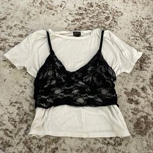 Free Press Ribbed Cropped Blouse with Lace Bralette Overlay